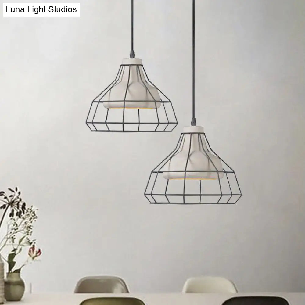 Cement Cone Suspension Light - Modernist Black Hanging Pendant Lamp with Wire-Cage Shade, 10.5"/14" Wide