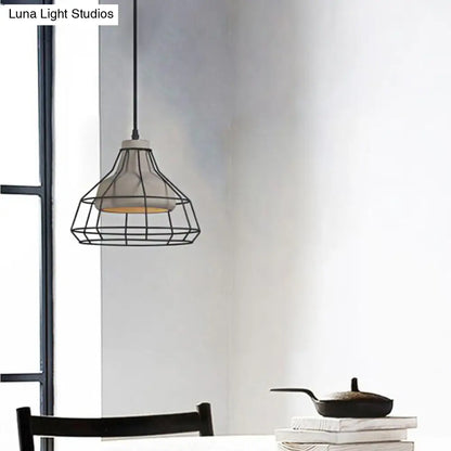 Cement Cone Suspension Light - Modernist Black Hanging Pendant Lamp with Wire-Cage Shade, 10.5"/14" Wide