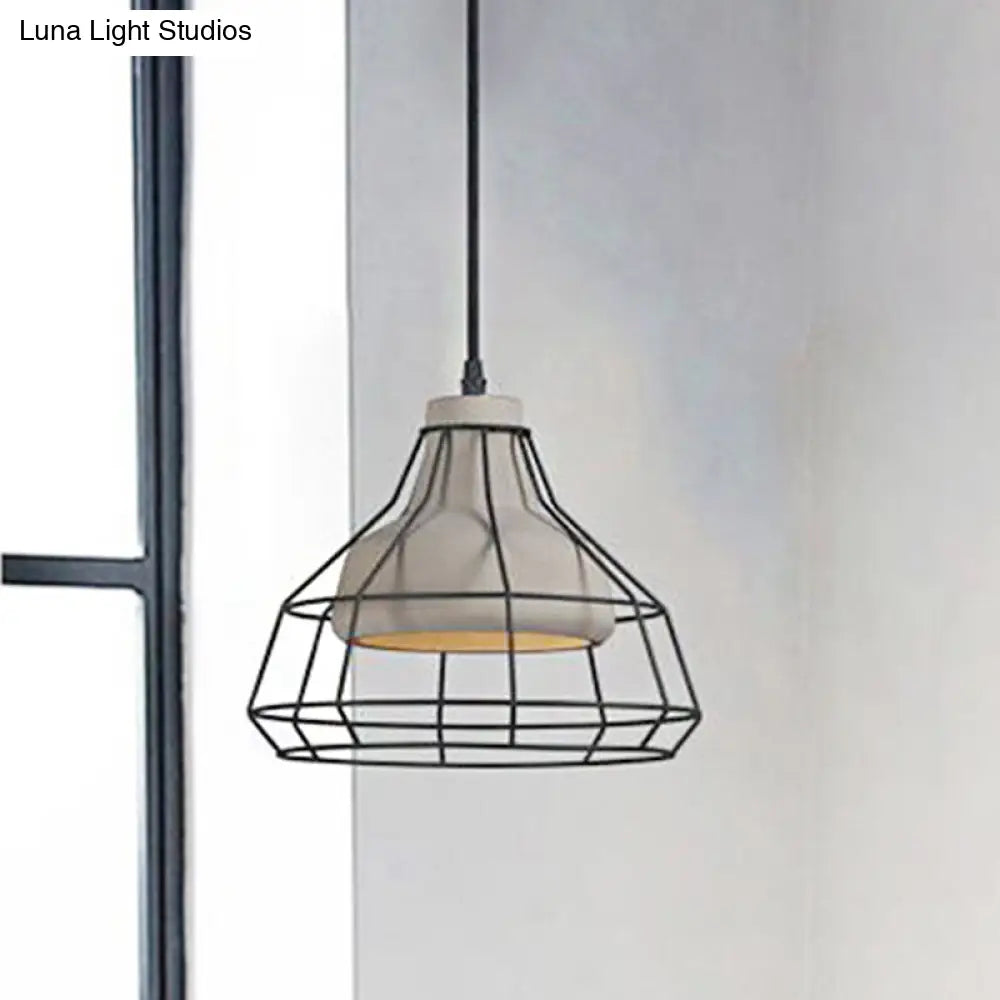 Cement Cone Suspension Light - Modernist Black Hanging Pendant Lamp with Wire-Cage Shade, 10.5"/14" Wide