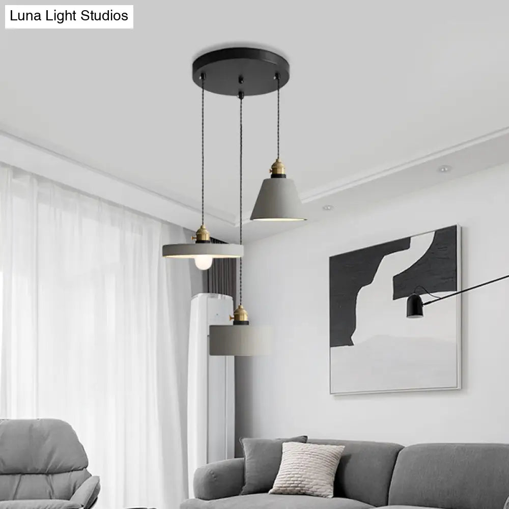 Cement Industrial Geometric Pendant Lamp - Grey, 3 Lights, Round Canopy