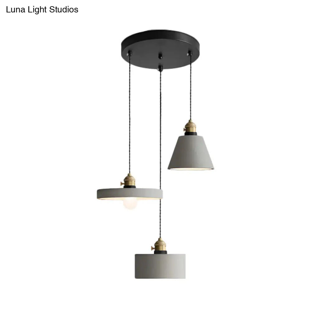 Cement Industrial Geometric Pendant Lamp - Grey, 3 Lights, Round Canopy