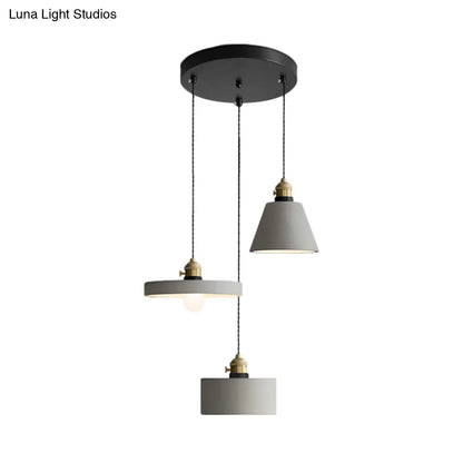 Cement Industrial Geometric Pendant Lamp - Grey, 3 Lights, Round Canopy