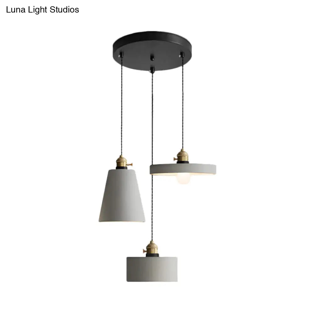 Cement Industrial Geometric Pendant Lamp - Grey, 3 Lights, Round Canopy