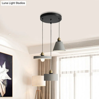Cement Industrial Geometric Pendant Lamp - Grey, 3 Lights, Round Canopy