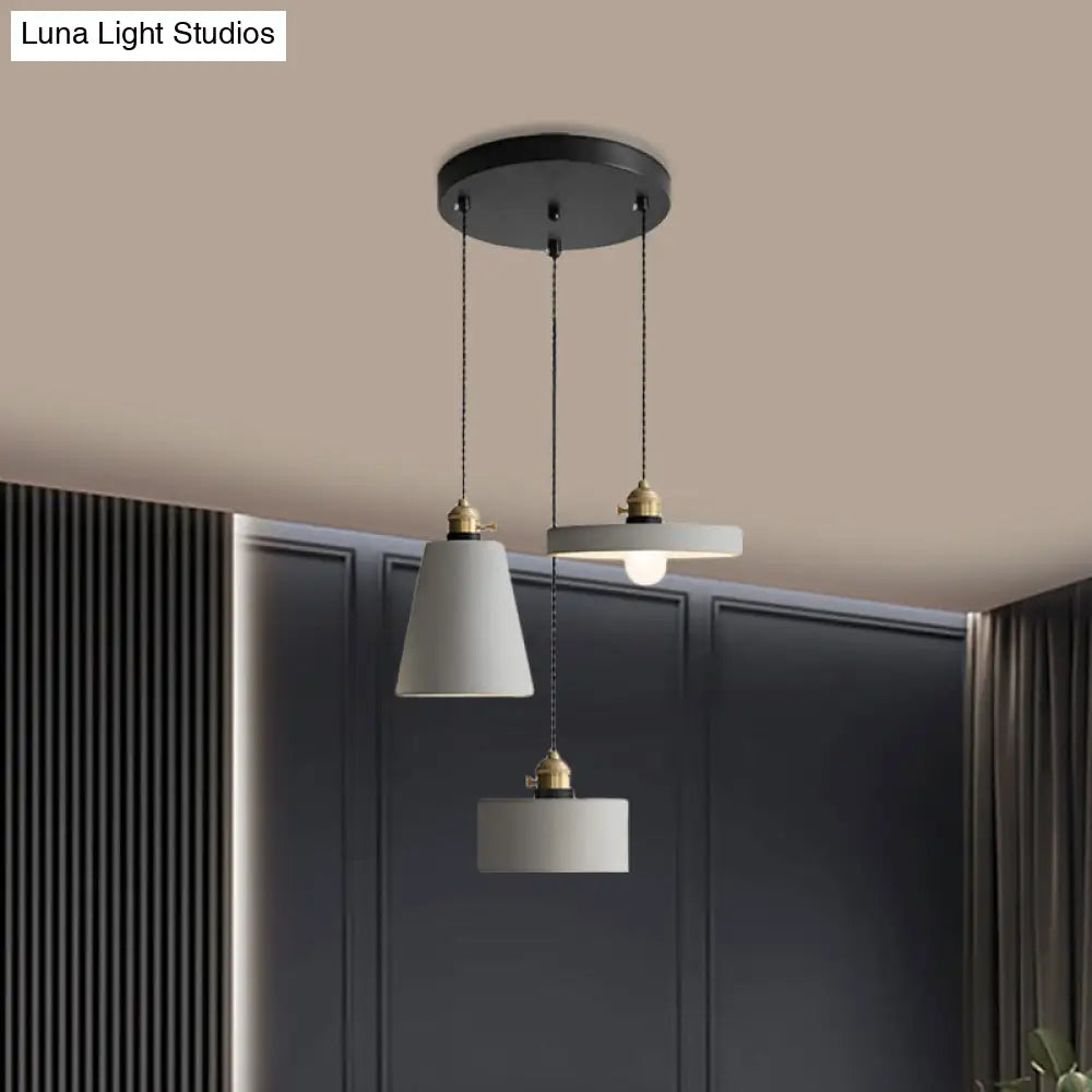 Cement Industrial Geometric Pendant Lamp - Grey, 3 Lights, Round Canopy