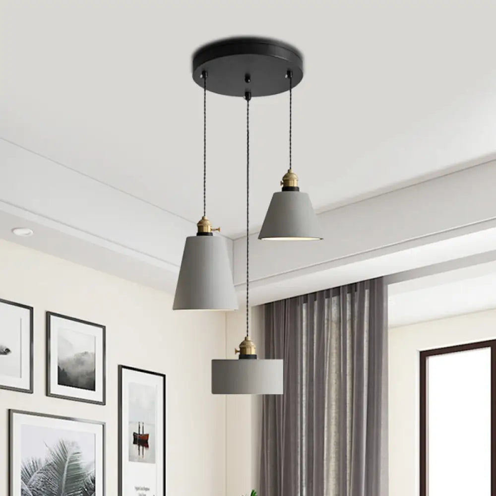 Cement Industrial Geometric Pendant Lamp - Grey, 3 Lights, Round Canopy