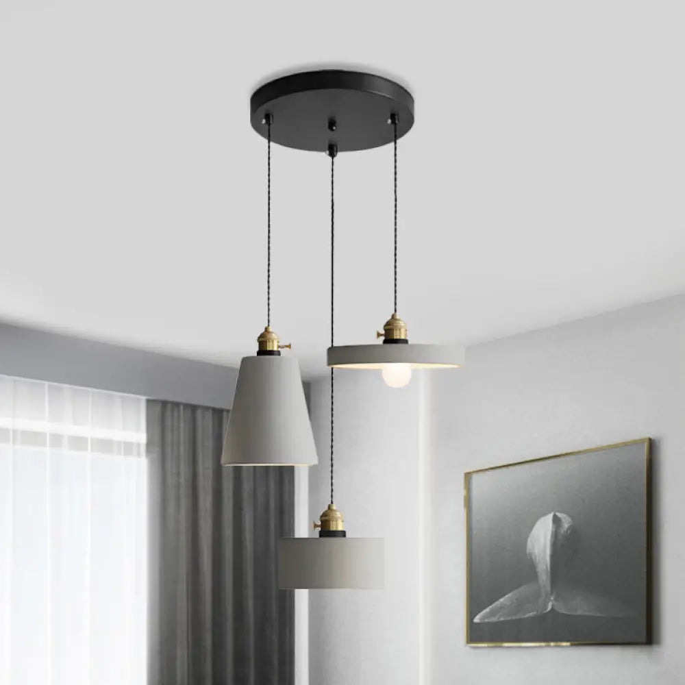 Cement Industrial Geometric Pendant Lamp - Grey, 3 Lights, Round Canopy