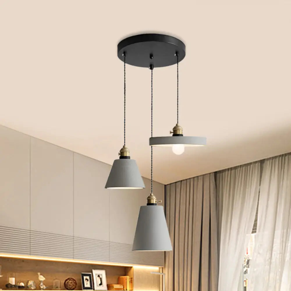 Cement Industrial Geometric Pendant Lamp - Grey, 3 Lights, Round Canopy