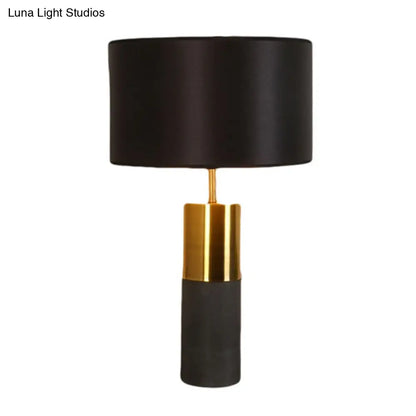 Cement Table Lamp - Minimalistic Single Nightstand Lighting with Drum Fabric Shade