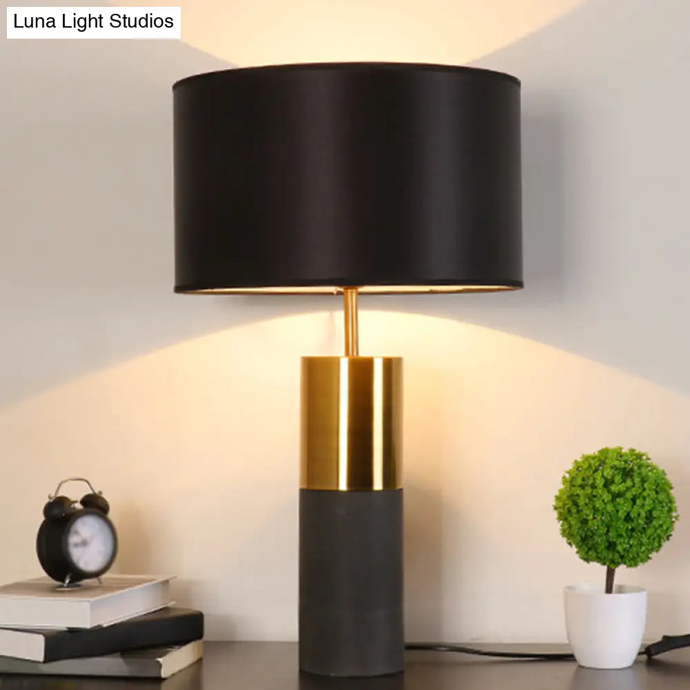 Cement Table Lamp - Minimalistic Single Nightstand Lighting with Drum Fabric Shade