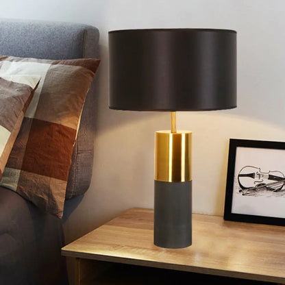 Cement Table Lamp - Minimalistic Single Nightstand Lighting with Drum Fabric Shade