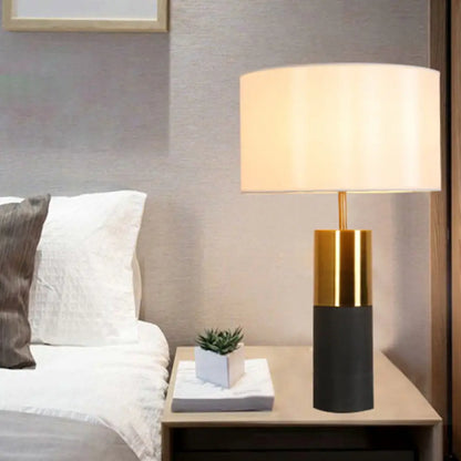 Cement Table Lamp - Minimalistic Single Nightstand Lighting with Drum Fabric Shade