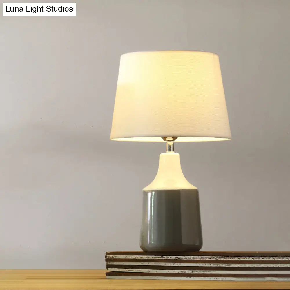 Ceramic 1-Light Bedside Table Lamp in Modern Tapered Drum Design, Brown/White and Gray with Fabric Shade