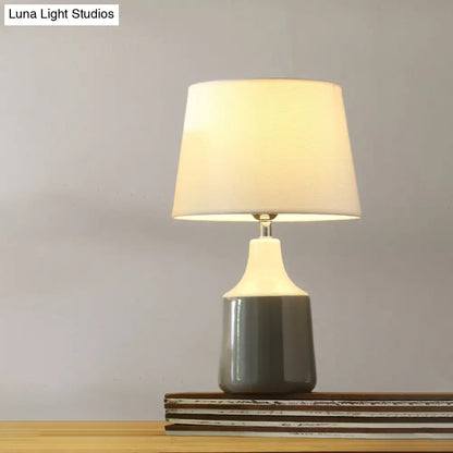 Ceramic 1-Light Bedside Table Lamp in Modern Tapered Drum Design, Brown/White and Gray with Fabric Shade