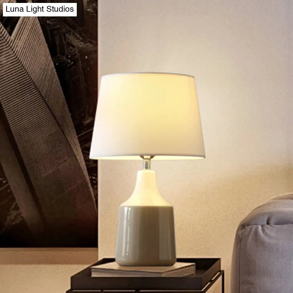 Ceramic 1-Light Bedside Table Lamp in Modern Tapered Drum Design, Brown/White and Gray with Fabric Shade