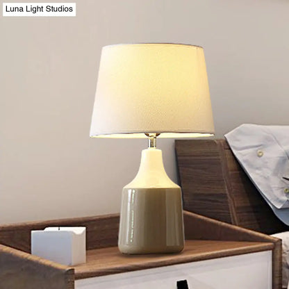 Ceramic 1-Light Bedside Table Lamp in Modern Tapered Drum Design, Brown/White and Gray with Fabric Shade