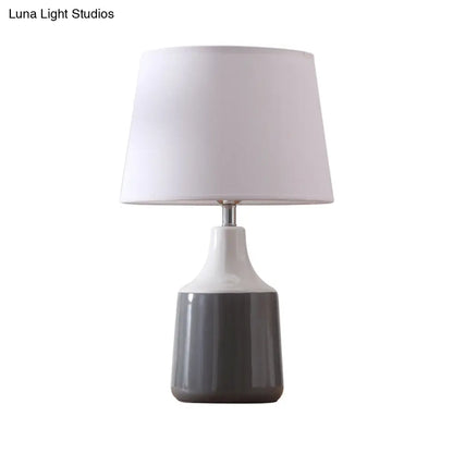 Ceramic 1-Light Bedside Table Lamp in Modern Tapered Drum Design, Brown/White and Gray with Fabric Shade