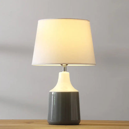 Ceramic 1-Light Bedside Table Lamp in Modern Tapered Drum Design, Brown/White and Gray with Fabric Shade