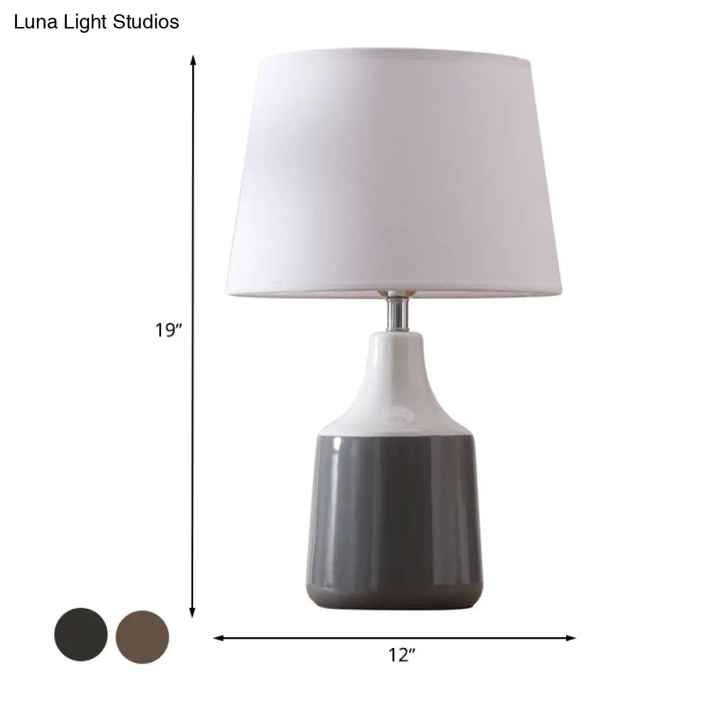 Ceramic 1-Light Bedside Table Lamp in Modern Tapered Drum Design, Brown/White and Gray with Fabric Shade