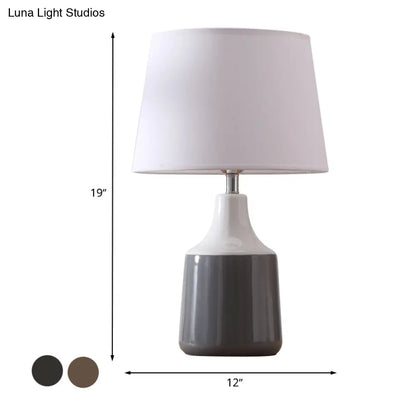 Ceramic 1-Light Bedside Table Lamp in Modern Tapered Drum Design, Brown/White and Gray with Fabric Shade