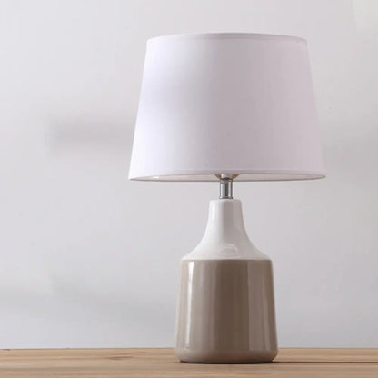 Ceramic 1-Light Bedside Table Lamp in Modern Tapered Drum Design, Brown/White and Gray with Fabric Shade