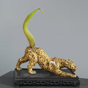 Ceramic animal flowerpot leopard with glossy golden-brown glaze and green cactus from decorbites ceramic decor