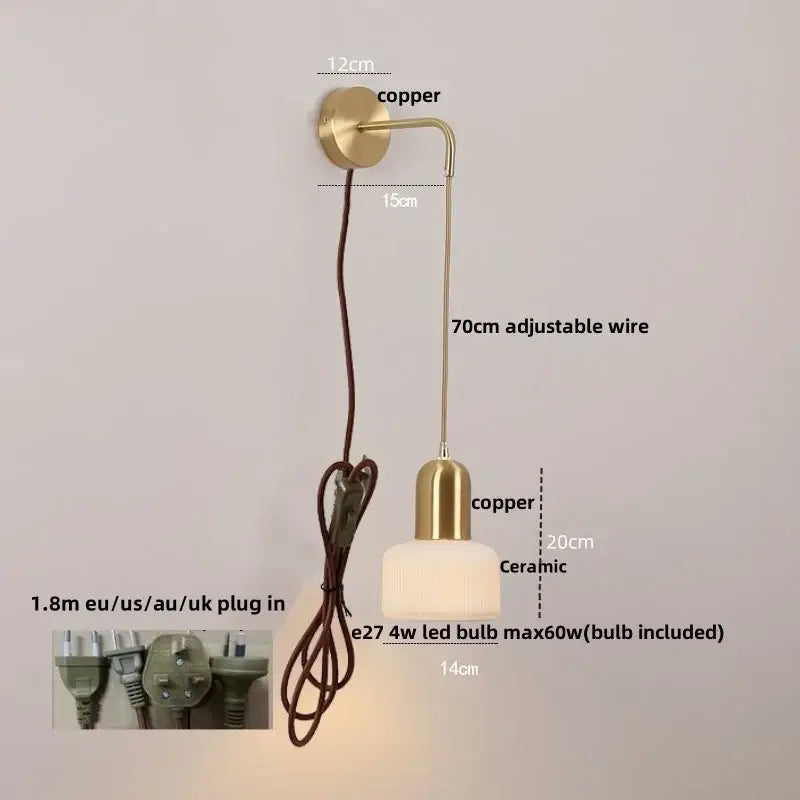 Minimalist copper ceramic art wall lamp with frosted ceramic shade and adjustable 70cm wire for bedroom reading light