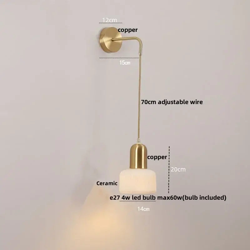 Gold-toned copper ceramic art wall lamp with frosted ceramic shade and adjustable 70cm wire for bedroom reading light