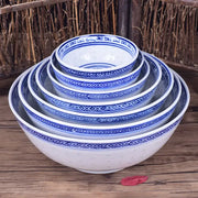 Set of five nested ceramic dragon print bowls in blue and white featuring traditional geometric patterns for dining decorbites ceramic dragon