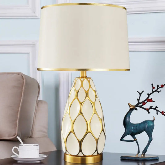 Ceramic Drum Table Lamp: Modern White Night Light for Living Room with Fabric Shade
