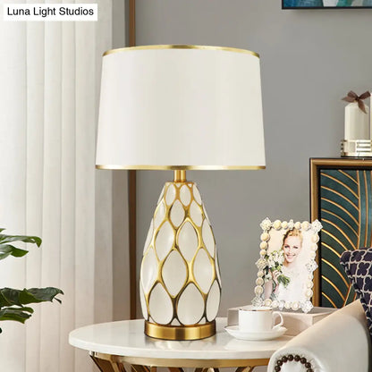 Ceramic Drum Table Lamp: Modern White Night Light for Living Room with Fabric Shade