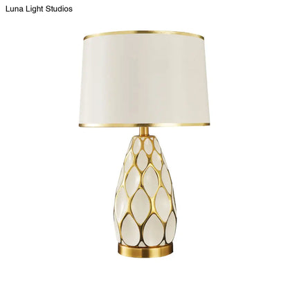 Ceramic Drum Table Lamp: Modern White Night Light for Living Room with Fabric Shade