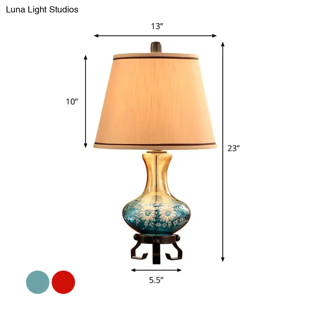 Ceramic Flower Patterned Vase Table Lamp - Retro Design - Blue/Red - Cone Fabric Shade