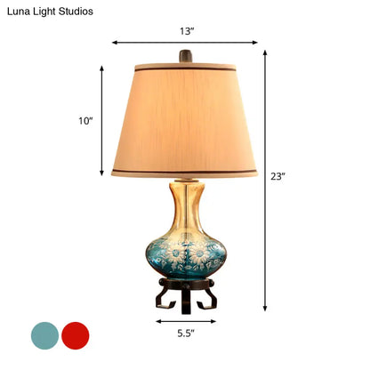 Ceramic Flower Patterned Vase Table Lamp - Retro Design - Blue/Red - Cone Fabric Shade