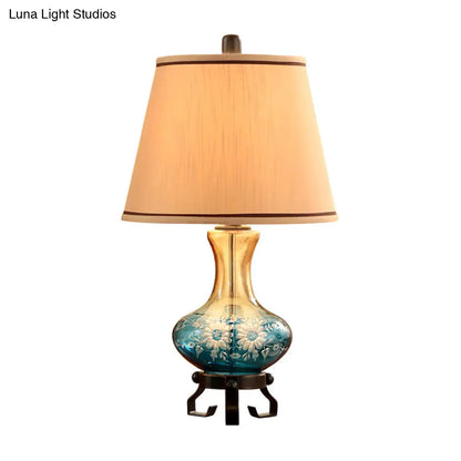 Ceramic Flower Patterned Vase Table Lamp - Retro Design - Blue/Red - Cone Fabric Shade