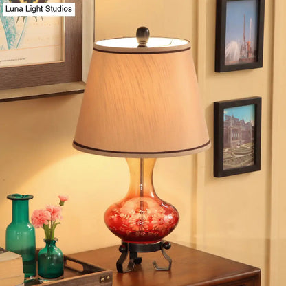Ceramic Flower Patterned Vase Table Lamp - Retro Design - Blue/Red - Cone Fabric Shade