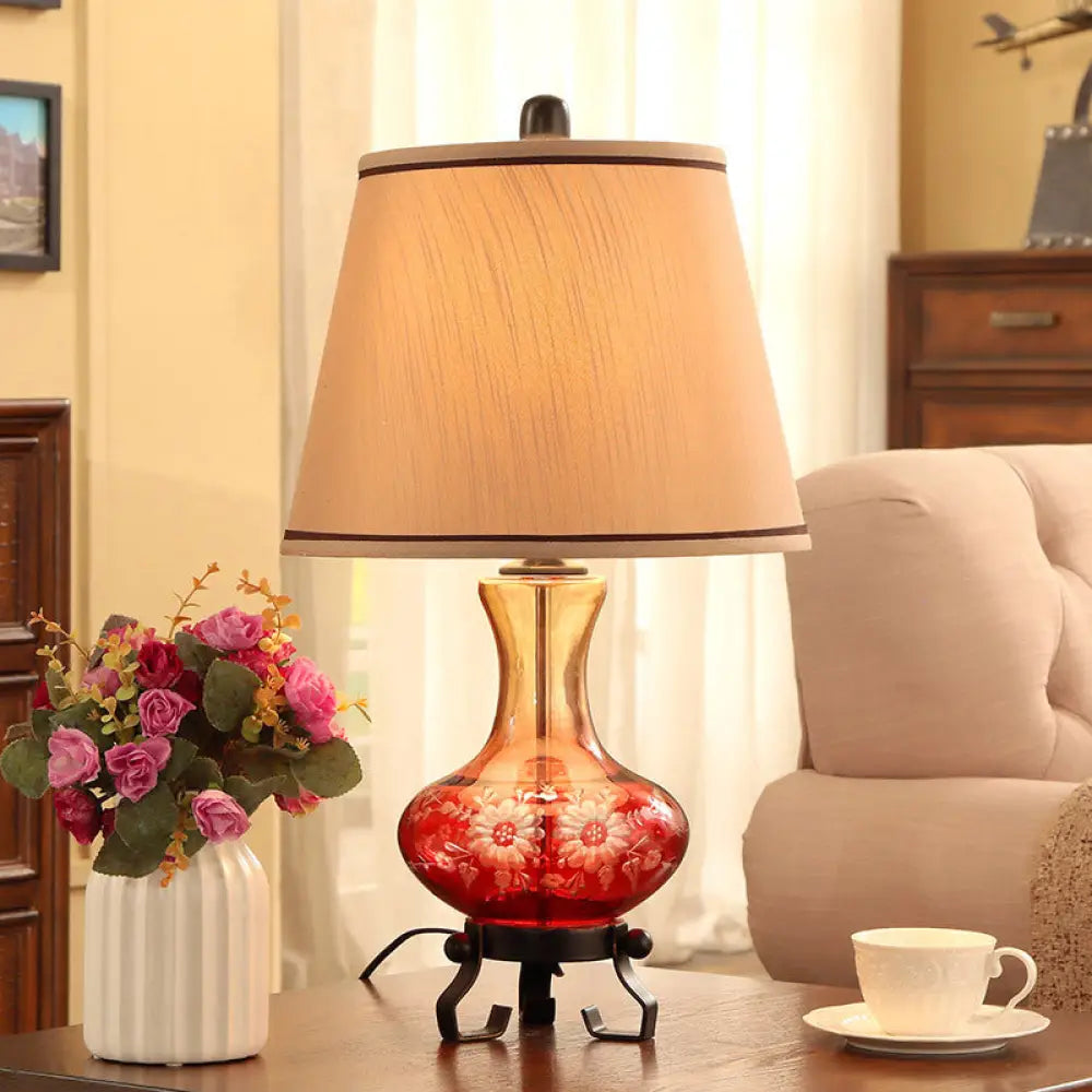 Ceramic Flower Patterned Vase Table Lamp - Retro Design - Blue/Red - Cone Fabric Shade