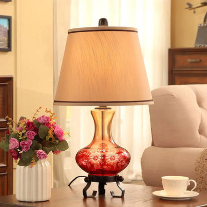 Ceramic Flower Patterned Vase Table Lamp - Retro Design - Blue/Red - Cone Fabric Shade