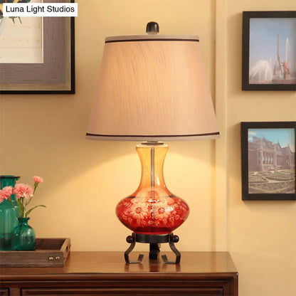 Ceramic Flower Patterned Vase Table Lamp - Retro Design - Blue/Red - Cone Fabric Shade