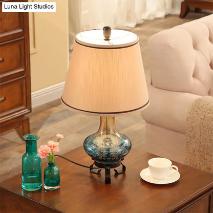 Ceramic Flower Patterned Vase Table Lamp - Retro Design - Blue/Red - Cone Fabric Shade