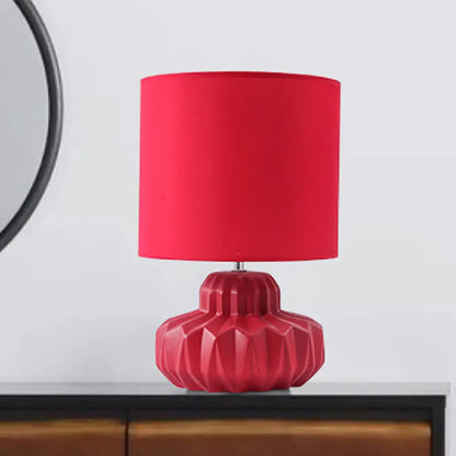 Ceramic Jar Base Retro Nightstand Lamp - Cylinder Fabric Table Light with 1 Bulb for Living Room, Red