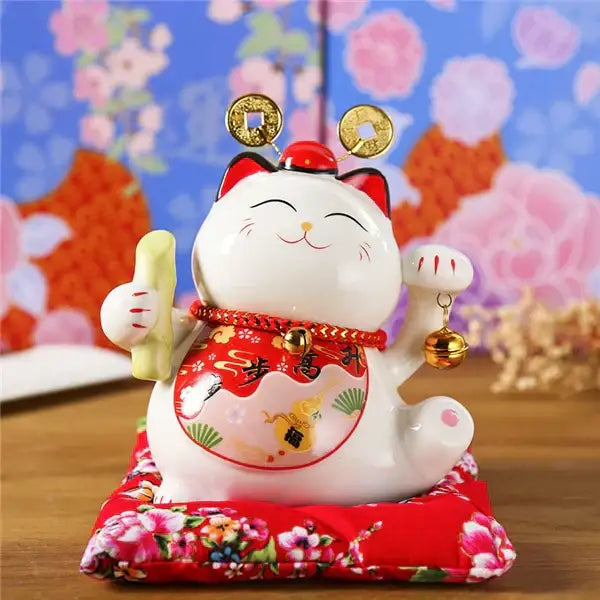 White ceramic maneki neko piggy bank with red collar gold coins and bell for decorbites ceramic maneki living room decor