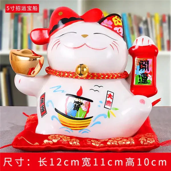 White ceramic maneki neko piggy bank with red hat gold coin and red scroll for decorbites ceramic maneki living room decor
