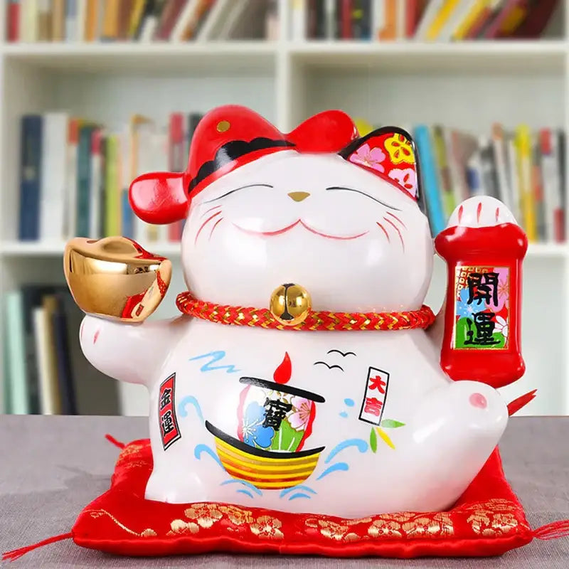 White ceramic maneki neko piggy bank with red hat gold coin and red scroll by decorbites ceramic maneki for decor