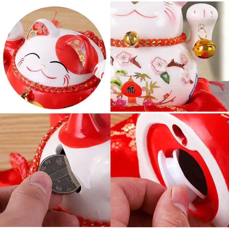 Glossy white and red ceramic maneki neko piggy bank with gold accents and floral patterns for living room decorbites decor