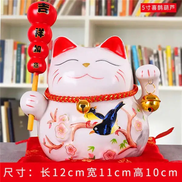 White ceramic maneki neko piggy bank with red accents floral decorbites ceramic maneki living room decor