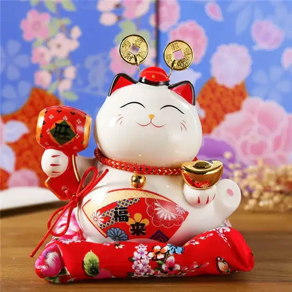 White ceramic maneki neko piggy bank with red accents gold coins and red drum floral living room decor by decorbites ceramic maneki