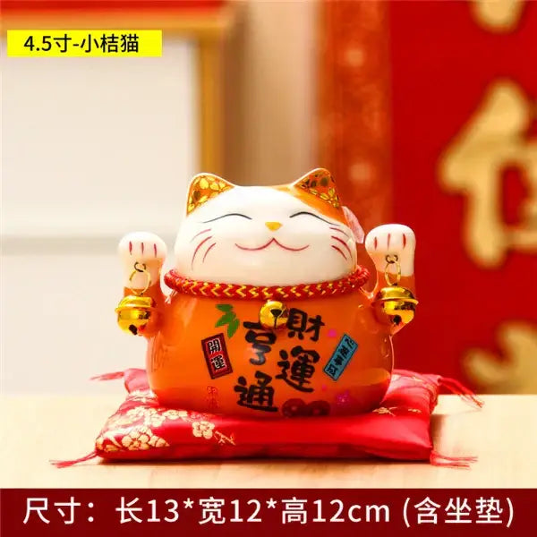 Orange ceramic maneki neko piggy bank with gold accents and chinese characters for floral living room decorbites ceramic maneki