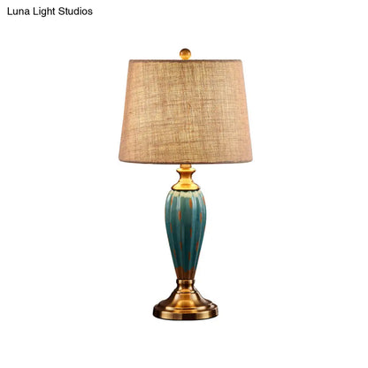 Ceramic Nightstand Lamp: Country Red/Blue Urn Shape with Fabric Drum Shade