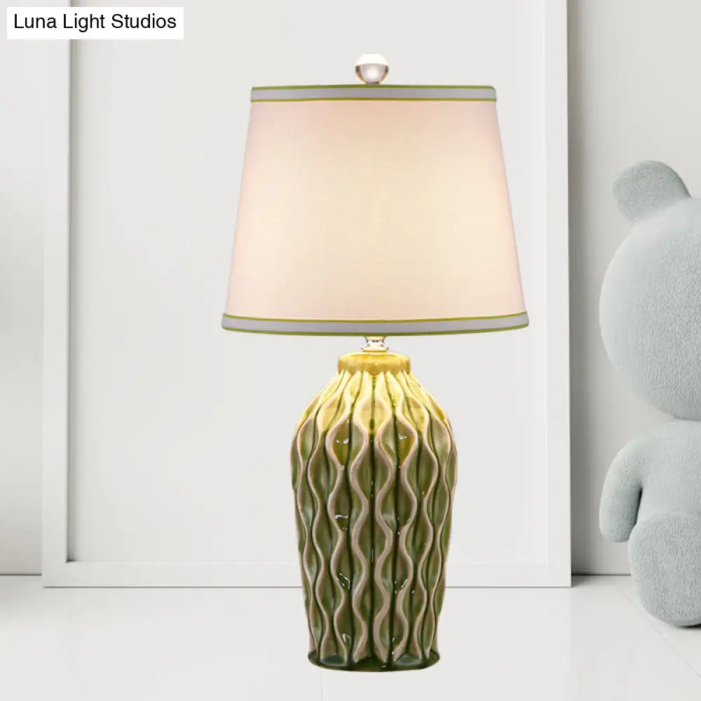 Ceramic Reading Book Light: Rural Blue/Green Twist-Patterned Pottery Table Lighting with Shade